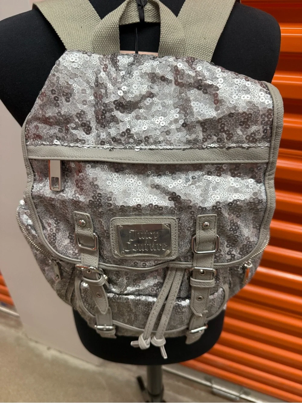 NWT Juicy Couture Silver Sequin Backpack with Buckle Details